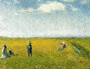 born og unge piger plukker blomster pa en mark nord for skagen, Michael Ancher